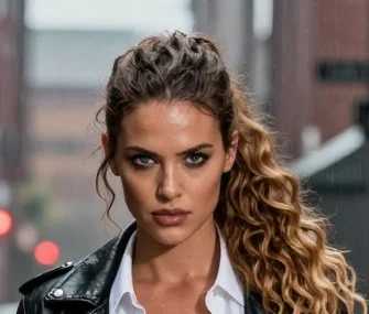 Photorealistic face-and-shoulders portrait of an adult woman with a wavy ponytail, black leather jacket and white shirt collar, on a city street.