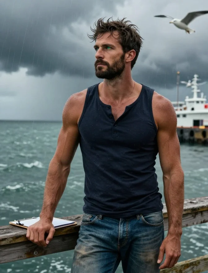 Photorealistic portrait: bearded adult man in a dark sleeveless Henley and jeans standing at a harbor rail under storm clouds.
