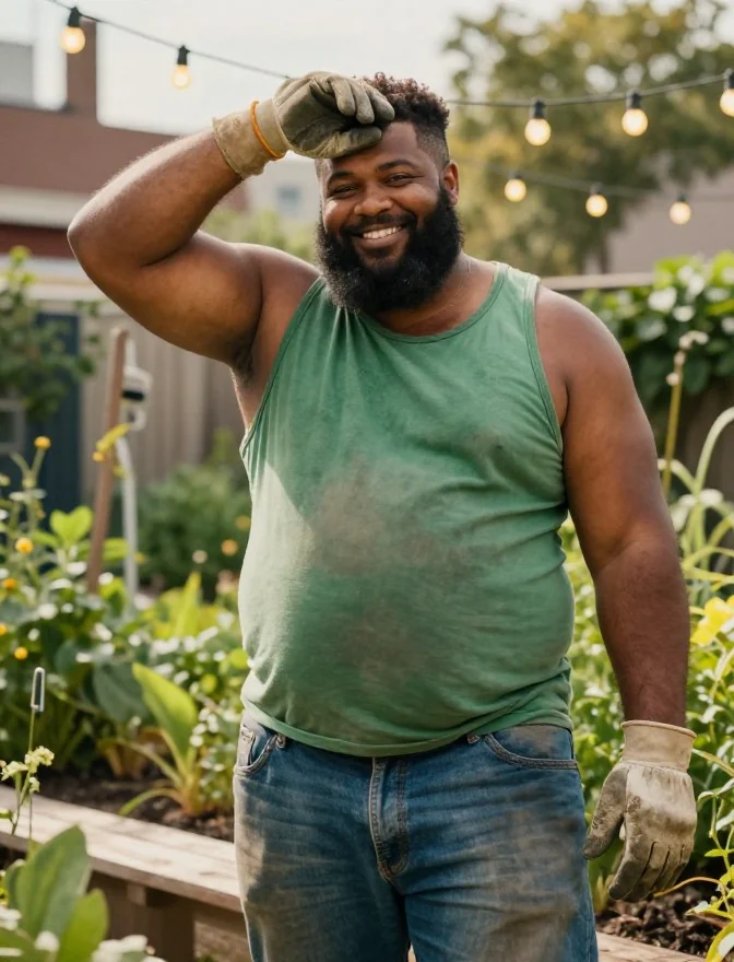 Photorealistic portrait: bearded adult man in a green work tank top, jeans and gardening gloves, smiling in a vegetable garden.