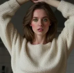 Photorealistic close portrait of an adult woman with brown hair and a cream knit sweater; only face, covered upper torso and raised sweater sleeves are visible.