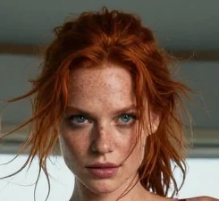 Photorealistic close-up face portrait of a freckled adult woman with loosely tied copper-red hair and a neutral, attentive expression; no torso or lingerie visible.