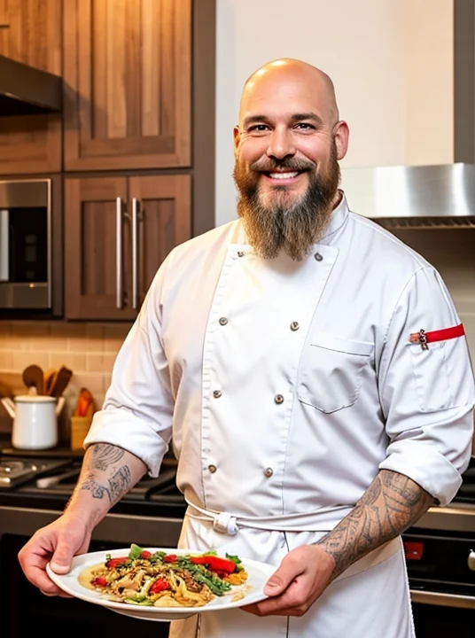 Photorealistic character portrait: bearded adult man wearing a white chef jacket and apron, holding a plate of food in a kitchen.